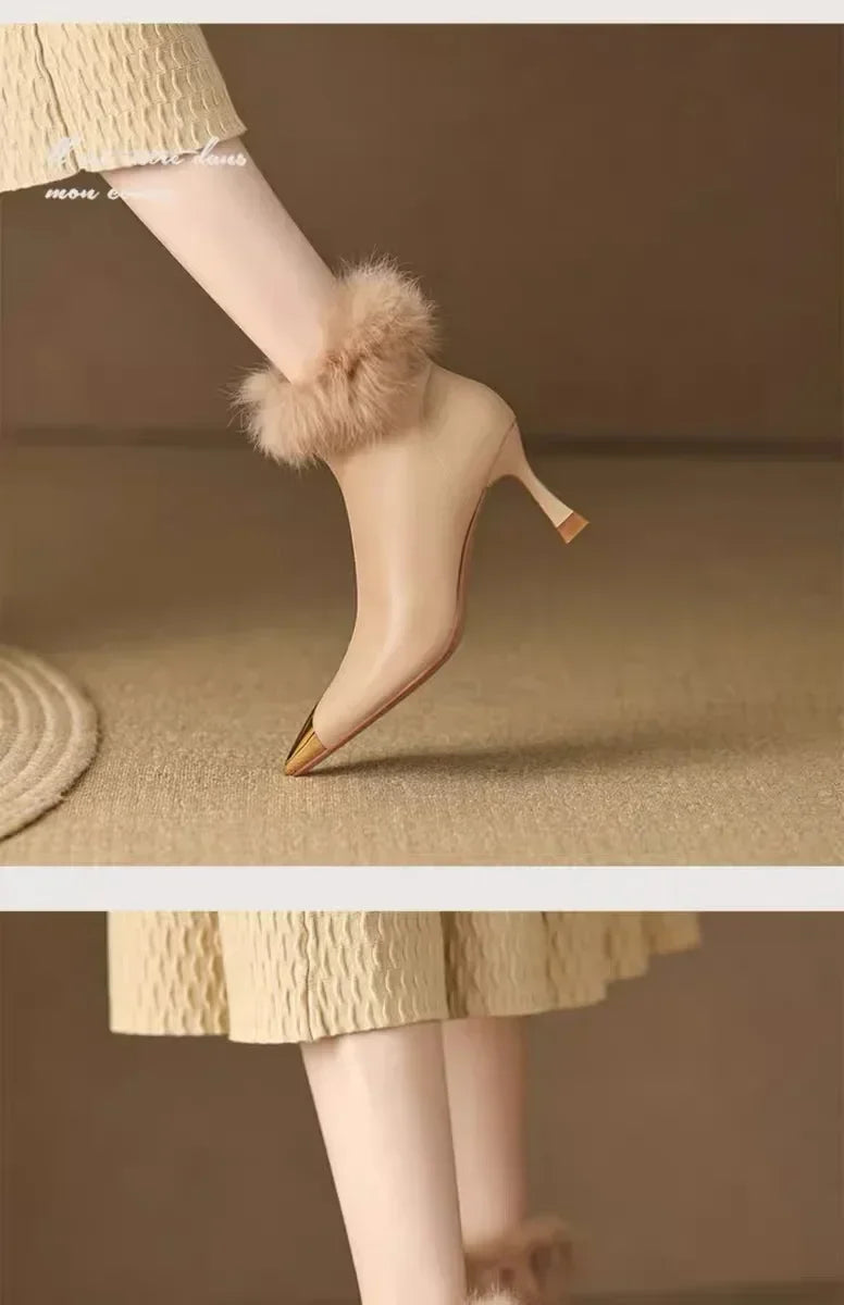 Women Sexy Plush High Heels Chelsea Ankle Boots Luxury Pointed Toe Zipper Shoes 2024 Winter Fashion Gladiator Pumps Botas
