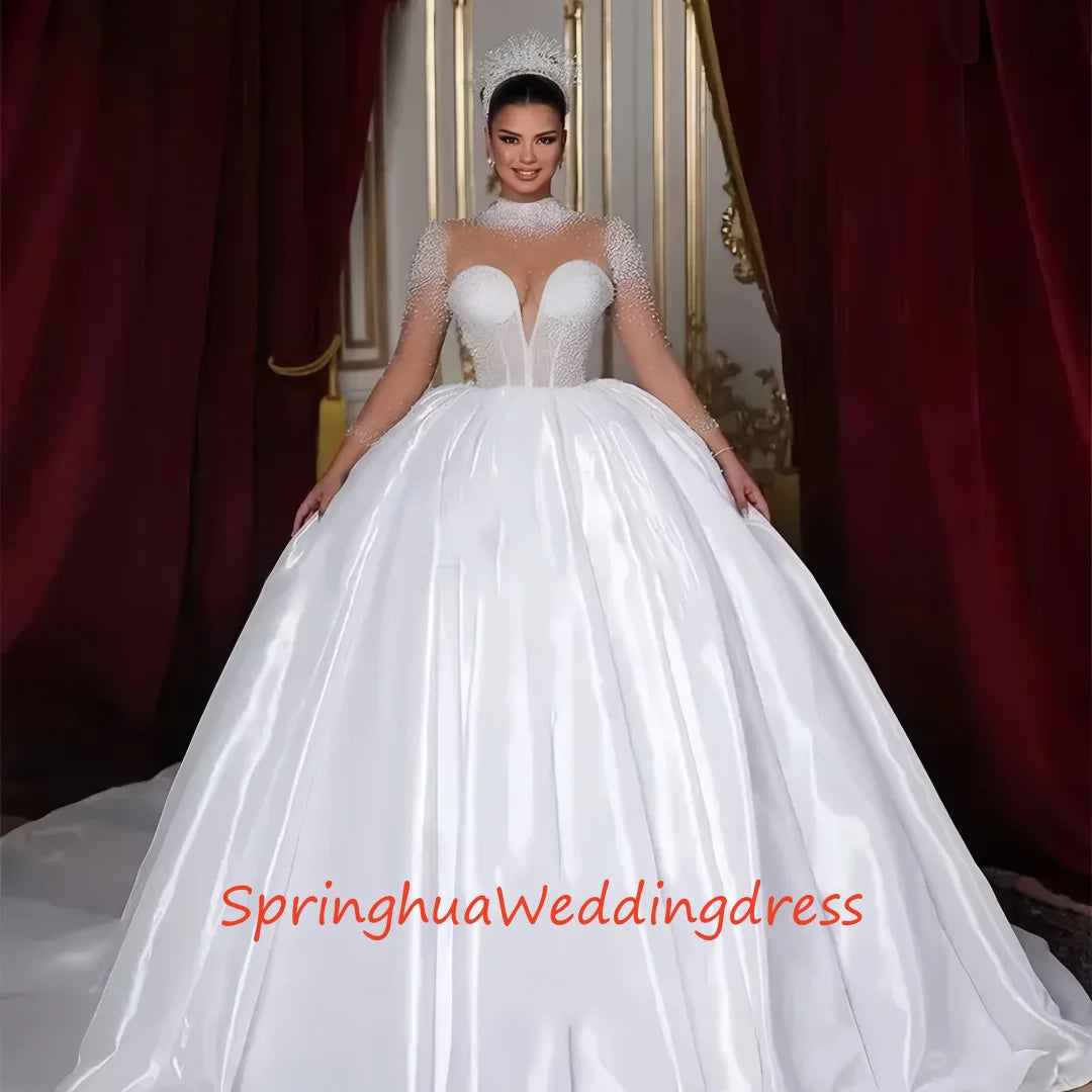 Customized WeddingDresses Long Sleeves High Neck Pearls Bridal Princess Ball Gown Chapel Women vestidos de noviay