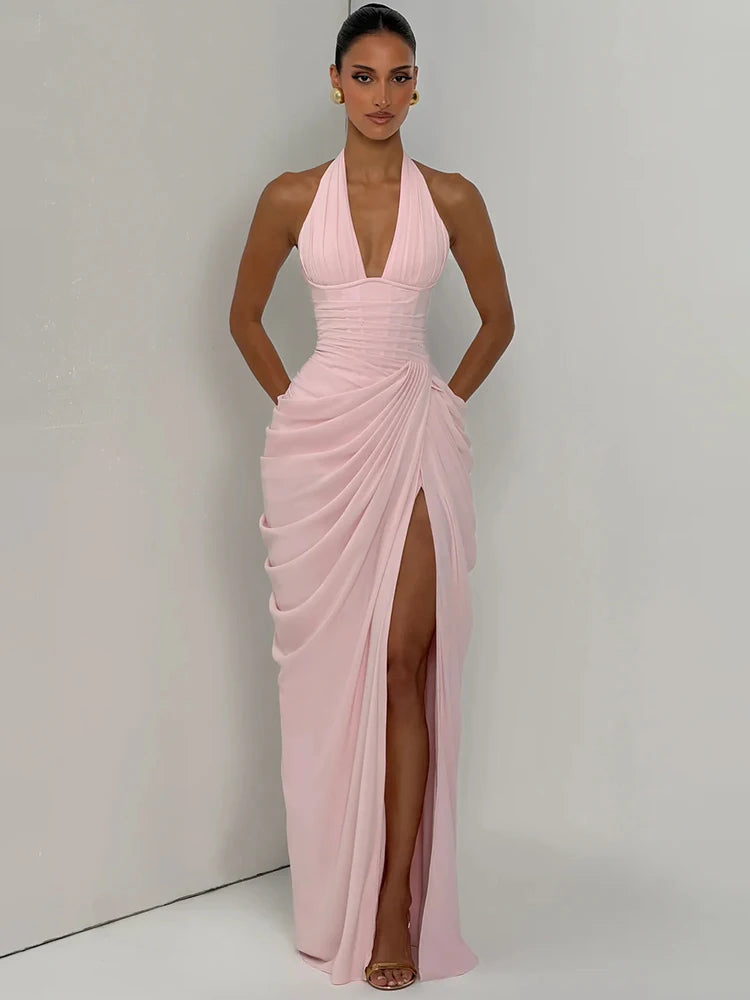 Mozision Wine Red Halter Deep V Maxi Dress Women Elegant Draped Ruched High Split Bodycon Cocktail Wedding Club Party Dresses
