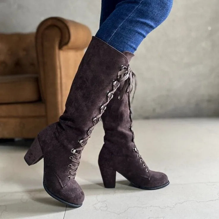 Winter Women Boots Shoes Fashion Vintage Lace-up Boots Women Round Cowboy High Heels Booties Shoes Woman Botas Mujer