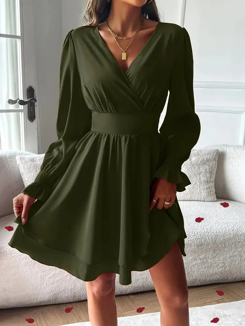 Dresses 2025 Woman Clothing V Neck Lantern Sleeve Wrap Mini Dress Ruched High Waist Elegant For Autumn Party Dress Vestidos