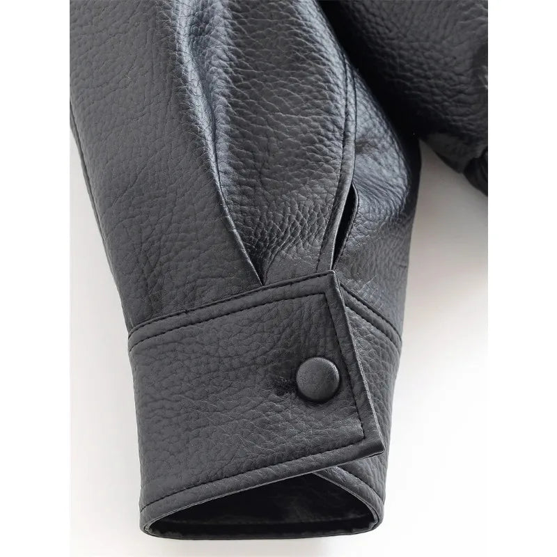 Women's 2026 Autumn New Classic Commuter Style Black Long Sleeve Pebble Faux Leather Motorcycle Fashion Jacket