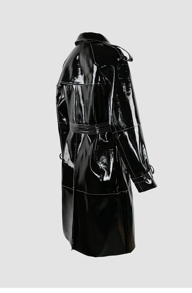 Nerazzurri Autumn Long Shiny Black Red Patent Pu Leather Trench Coat for Women Belt Double Breasted Luxury Designer Clothes 2023