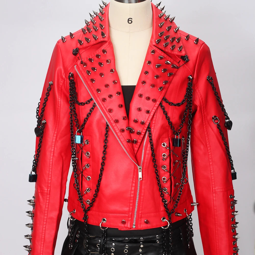 Women's Red PU Leather Gothic Punk Biker Jacket with Spikes Vintage Studded Y2K Rocker Grunge Spiked Coat Emo Alt Goth Clothing