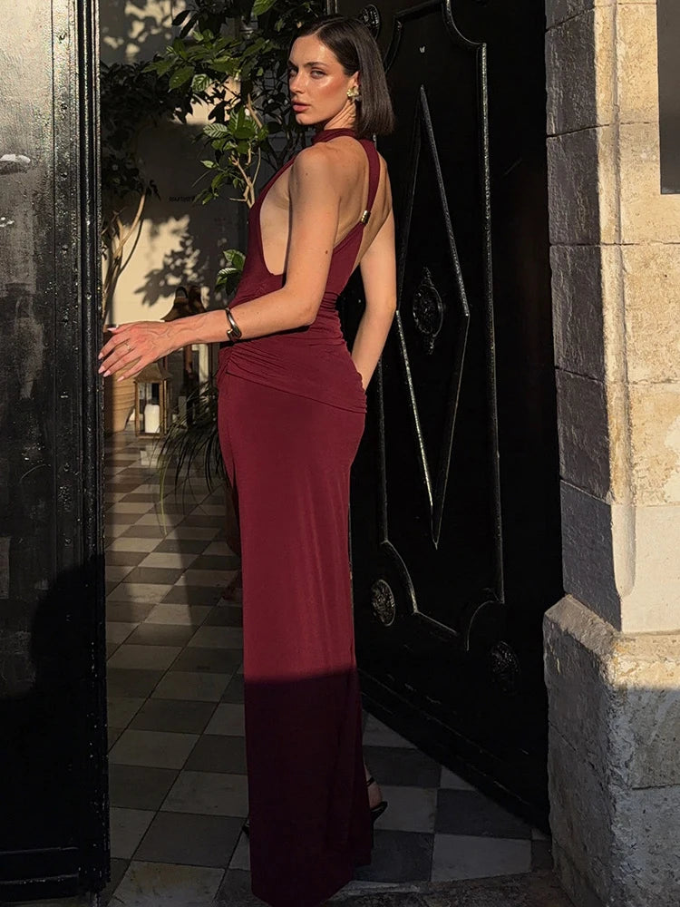 JULISSA MO Sexy Backless High Slit Ruched Women Maxi Dress Sleeveless Round Neck Dress Autumn Skinny Elegant Party Evening Dress