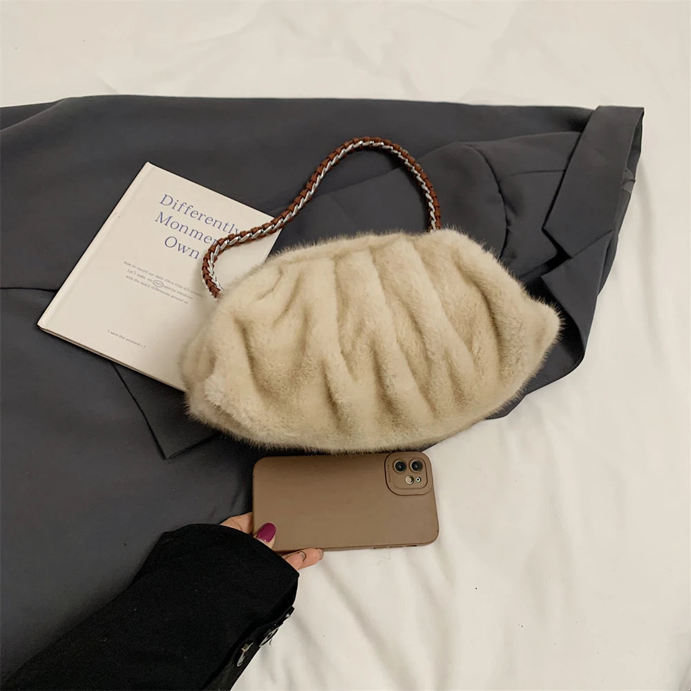 MOODS Pleated Design Faux Fur Shoulder Bags For Women 2024 Luxury Designer Purses And Handbags Winter Warm Soft Plush Hobo Bags