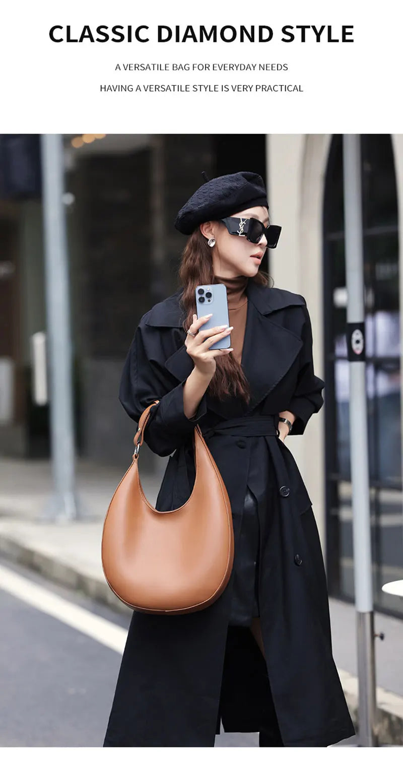 Genuine Leather Women Tote Bags Fashion Luxury Designer Women's Shoulder Bag Quality Cowhide Large Capacity Half Moon Handbags