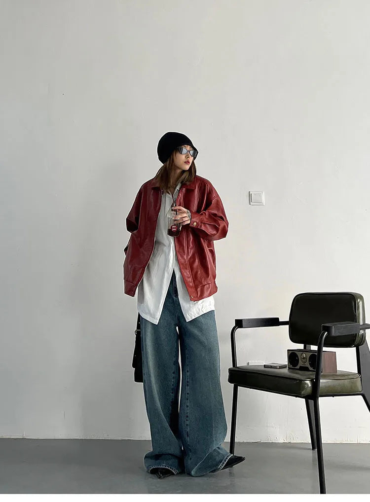 Punk Vintage Red Leather Jacket Women Streetwear Moto Biker Zipper Leather Jacket Female Winter High Street Chic Leather Coat