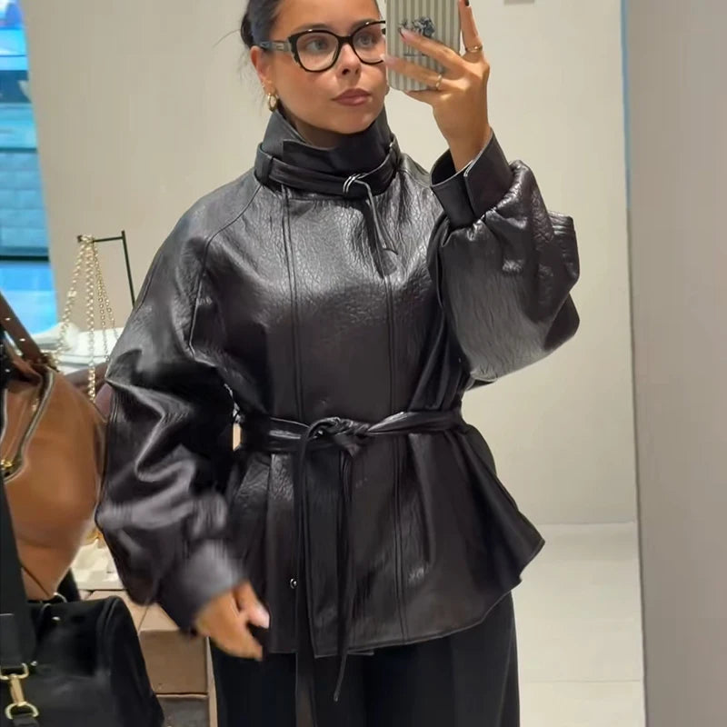 Casual Leather Jackets Women High Neck Long Sleeves Single Breasted Belts Loose Pu Coats Female 2026 Autumn New Chic Outwears