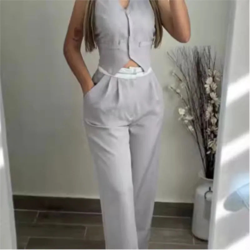Elegant Two Piece Sets 2024 V-Neck Buttoned Vest Sleeveless Top & High Waist Pocket Straight Pant  Casual Streetwear Pants Set