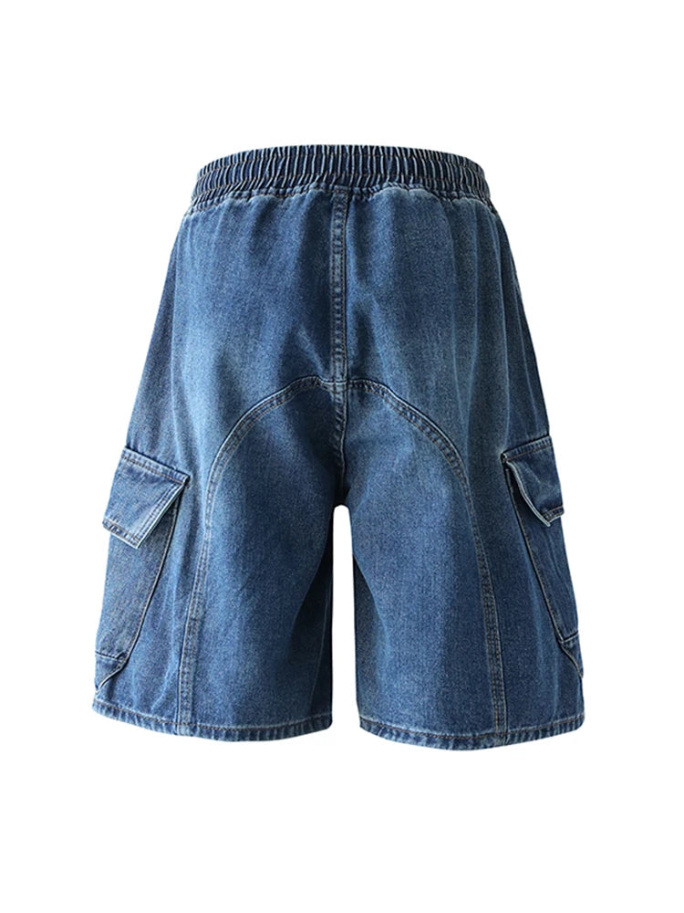 Cargo Shorts Men Summer Baggy Multi-pocket Jeans Straight Drawstring Moto Work Pants Fashion Cotton Black Blue Trousers New