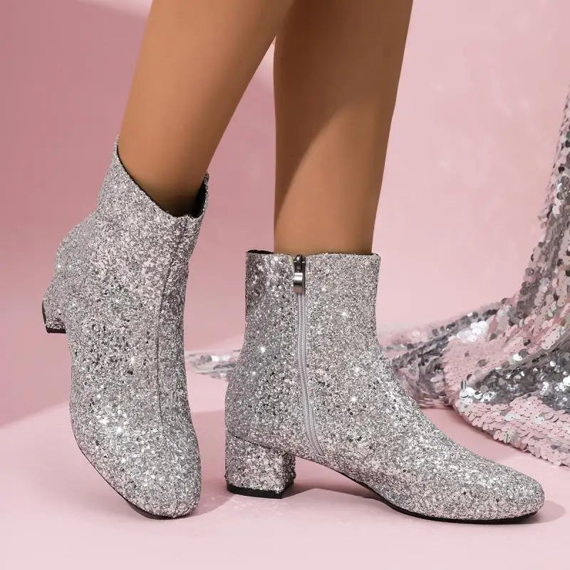 Luxury Sequin Fabric Ankle Boots Women 2026 Autumn Designer Square Toe Side Zip Short Boots Sexy Shiny Medium Heel Party Shoes