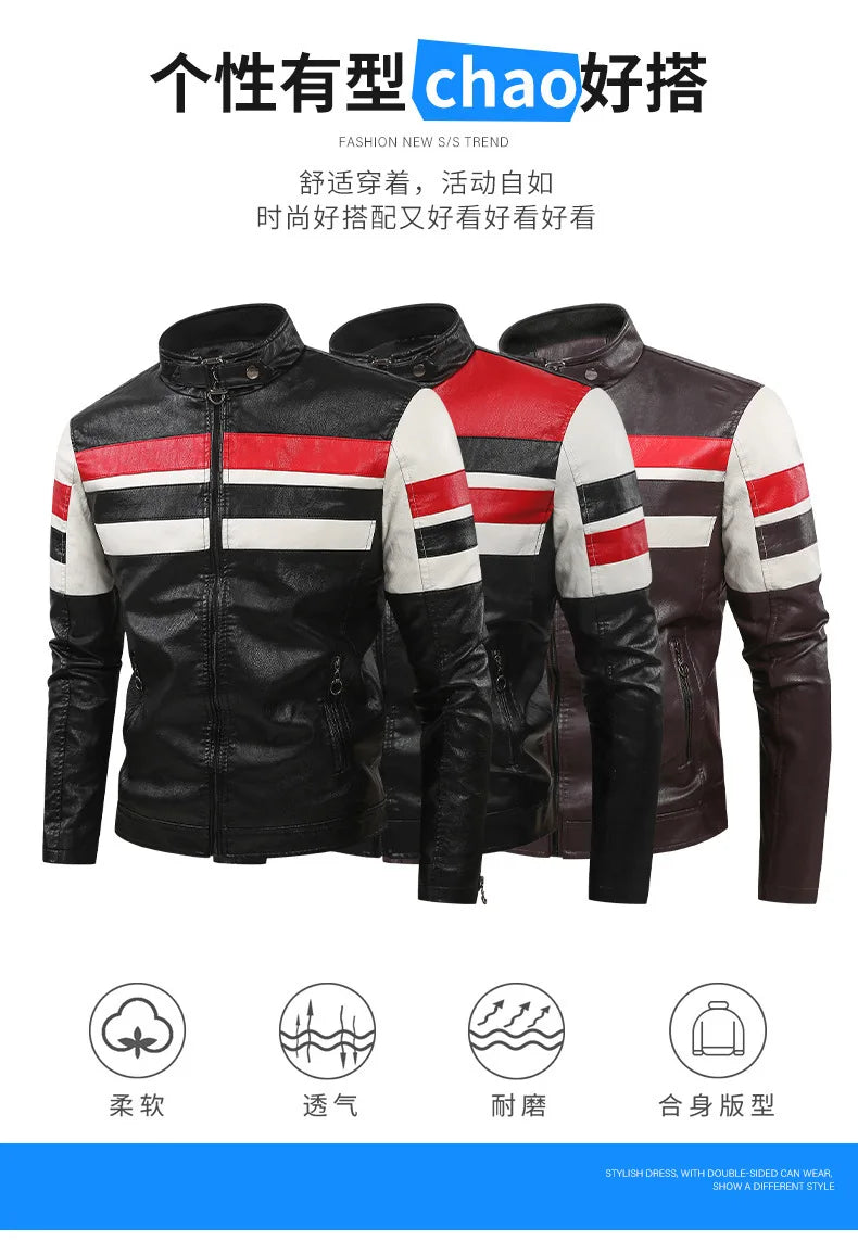 White and Red Patchwork Men's PU Jacket, Stylish Vintage Biker Faux Leather Coat, Available in Black or Brown.