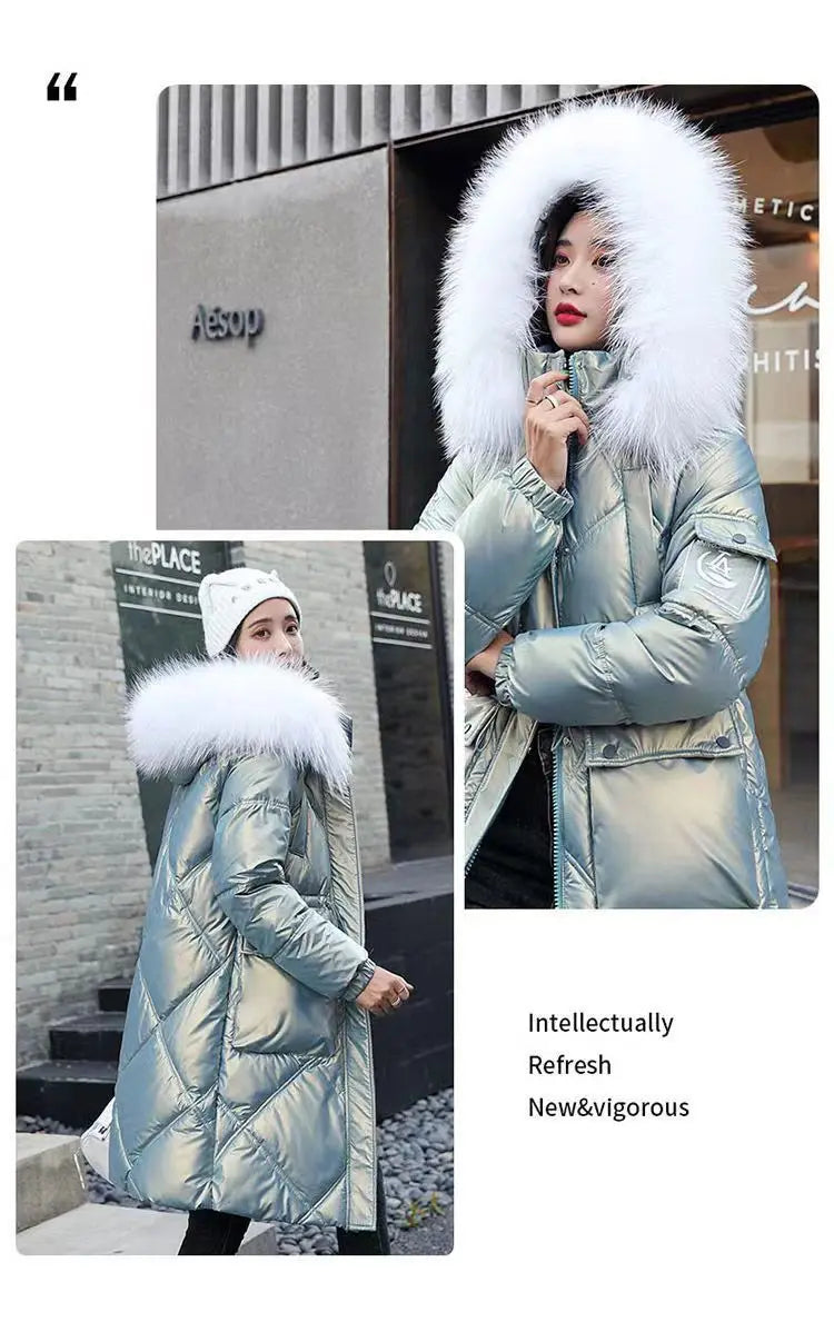 2023 Autumn Winter Hooded Fur Collar Long Parkas Mujer Thick Warm Down Cotton Padded Jacket Women Casual Hoodies Coat Female