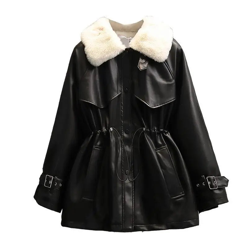 2026 Winter Age Reduction with Thick Velvet Loose Stand up Collar Motorcycle Wear PU Leather Jacket Long Sleeve Coat for Women