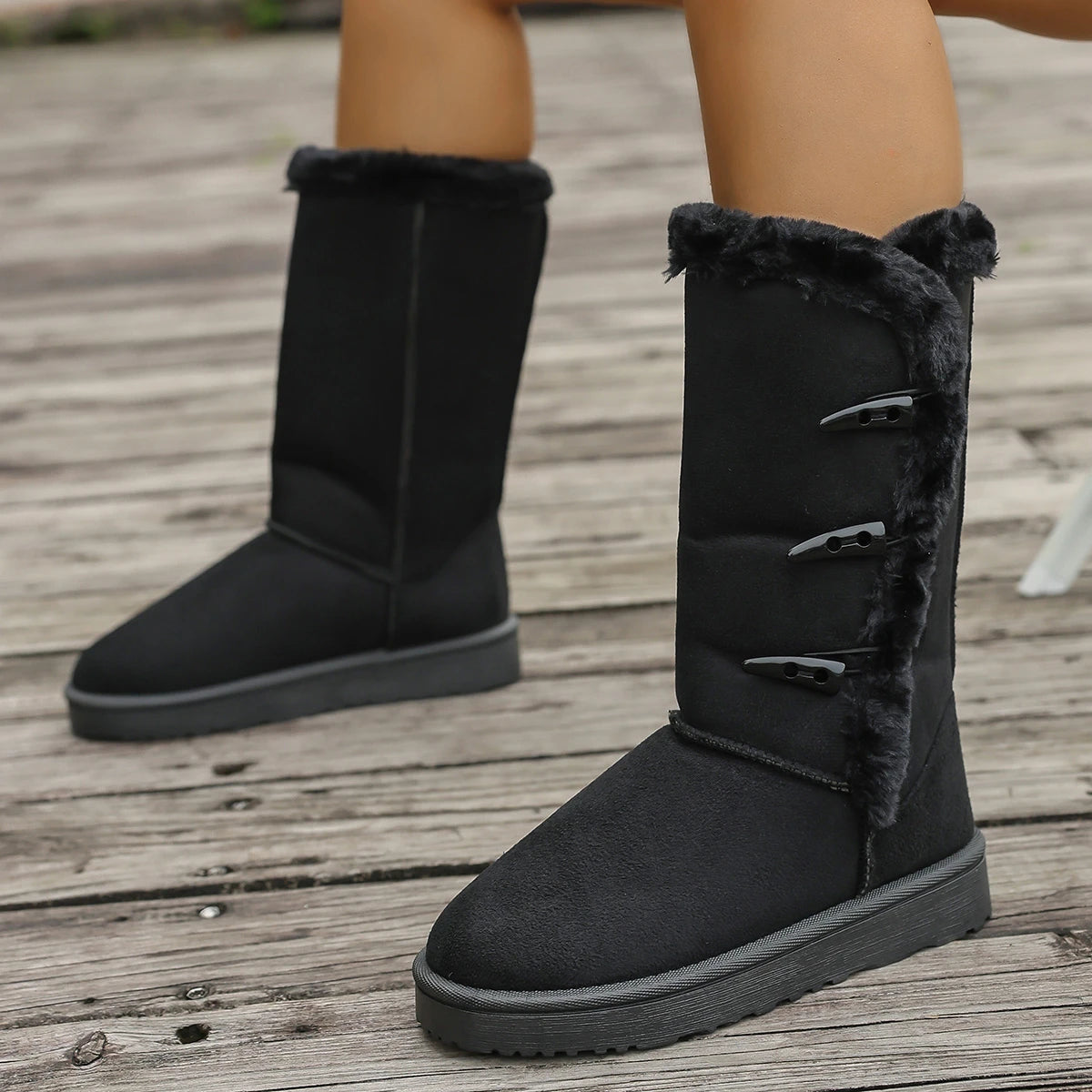 Women Snow Boots Winter Mid-calf Boots Warm Cotton Shoes Fashion Solid Color Button Ladies Brown Long Boots Plus Size 42