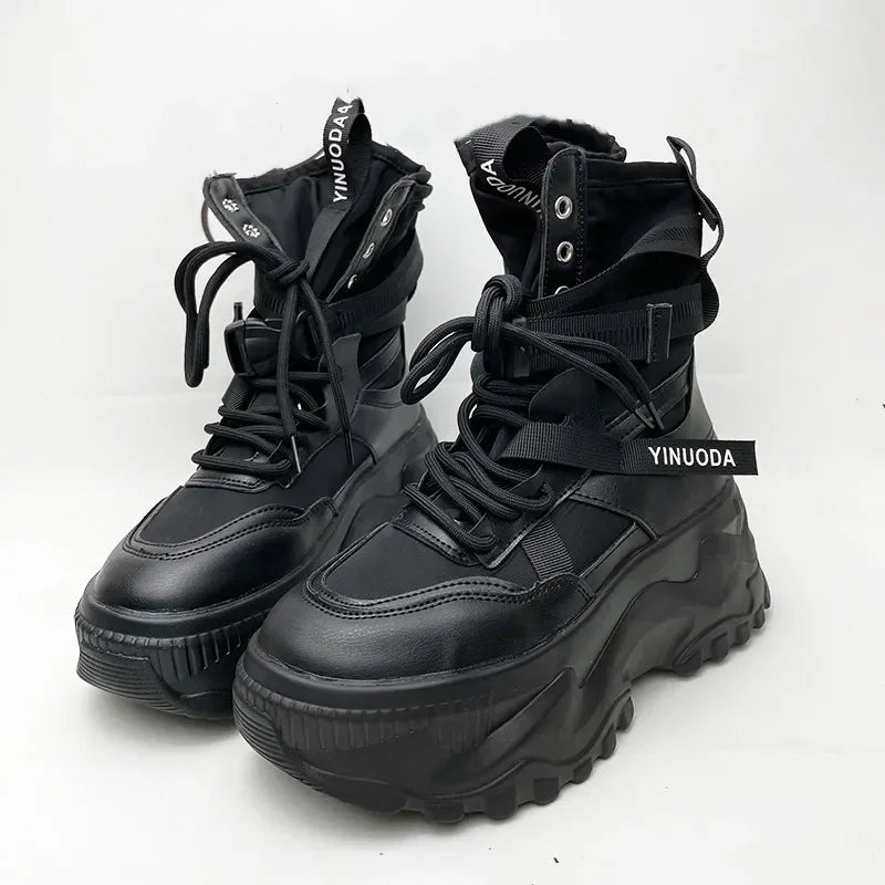 Fashion Platform Ankle Boots for Women Chunky Thick Sole Lace Up Motorcycle Boots Ladies Light Cozy Non-slip Shoe Botas De Mujer