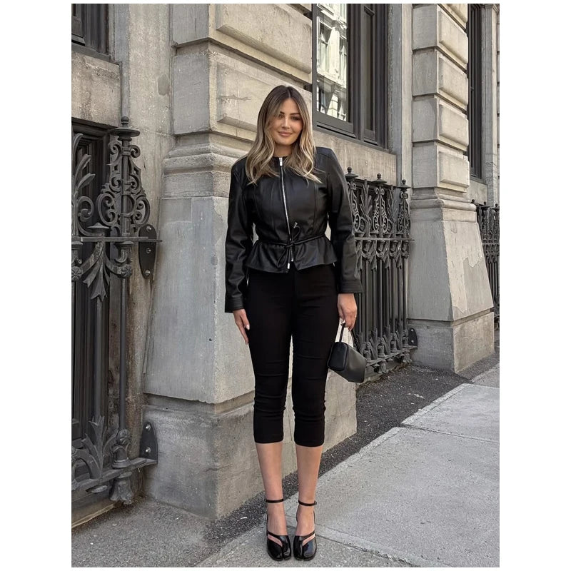 Women's Faux Leather Jacket Black Zip Front Drawstring Peplum Hem Slim Elegant Outerwear Fashion Daily Street Casual Short Coat