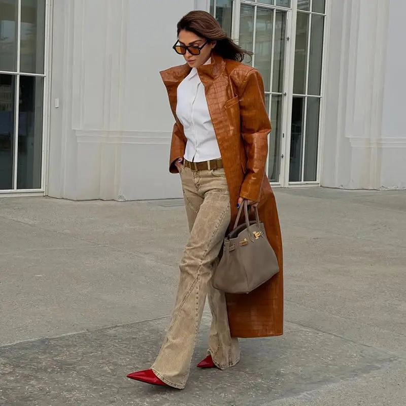 Fashion Croc Pattern PU Leather Women's Jacket Stand Collar Oversize Long Sleeve Chic Coat  2026 Autumn Winter New Daily Wear