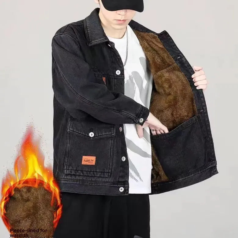 Men's Denim Jacket with Added Insulation and Thickening for Winter, Lamb Fur Lining, Durable Work Collar, Casual Jacket