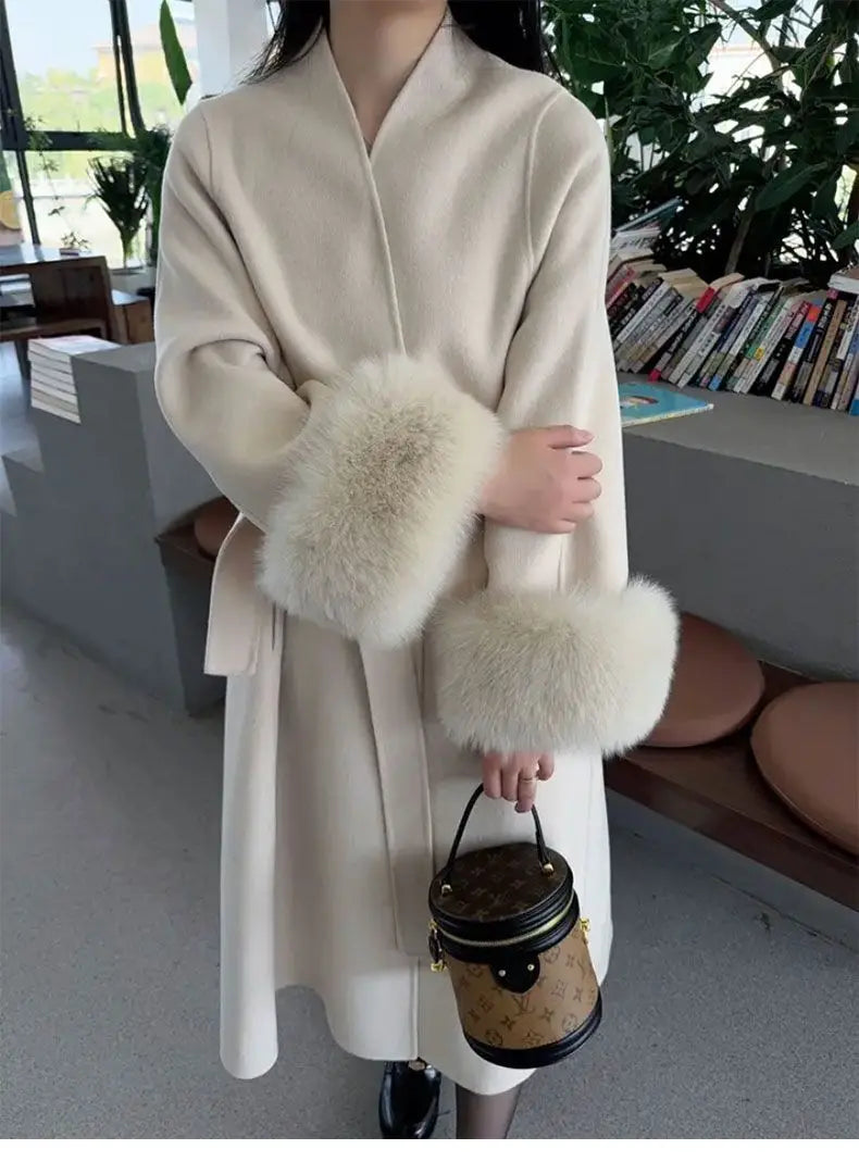 Women Autumn Winter Woolen Coat 2025 New High-End French Style Fur Sleeves Mid-Length Woolen Coat Women Long Coat Loose Outwear