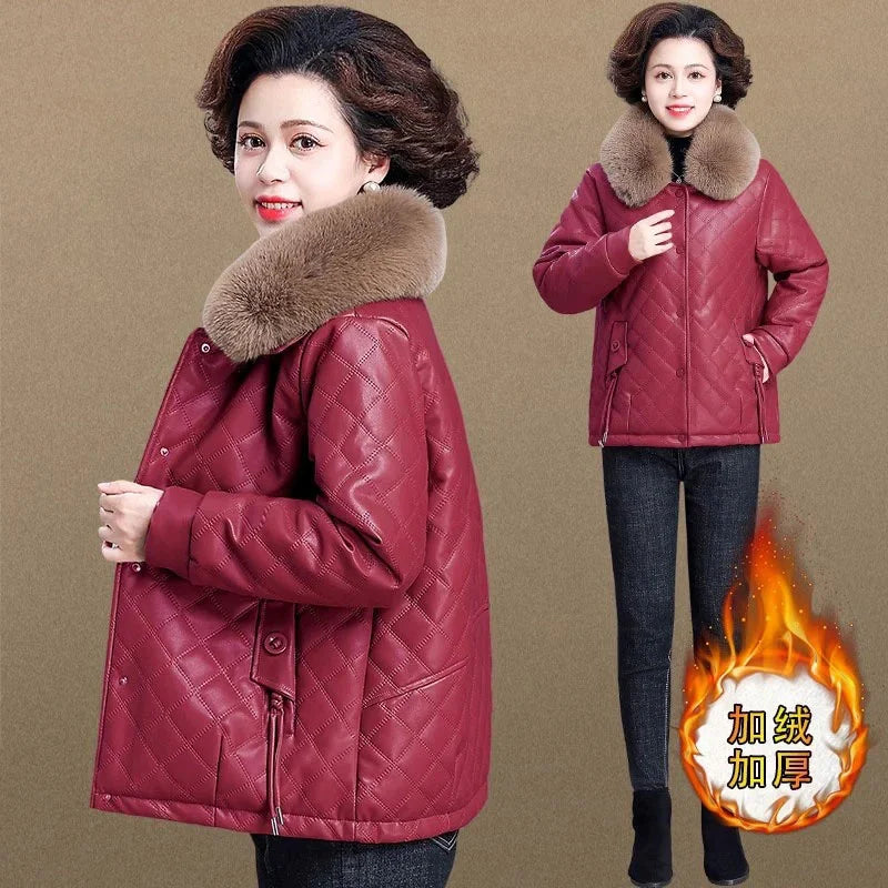 High End Middle Aged Women's Leather Jacket Winter New Thicken Warm Big Fur Collar Faux PU Leather Coat Female Outerwear 5XL