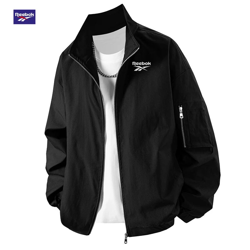 Reebok's New Men's Lightweight Spring-Autumn Casual Stand-Up Collar Outdoor Sports Coat Features a Zipper Design on the Sleeves.