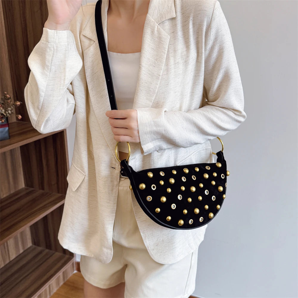 MOODS Branded Half-moon Shoulder Bags For Women Faux Suede Rivets Decor Crossbody Hobo Bags 2025 Latest Designer Handbags Luxury
