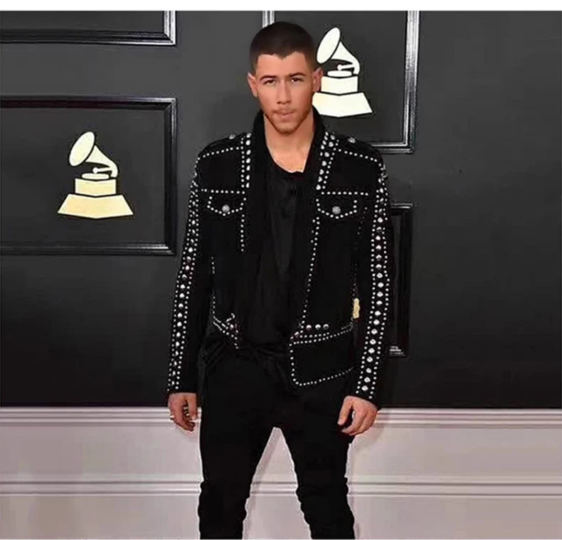 Mauroicardi Spring Autumn Cool Studded Short Black Faux Suede Leather Jacket Men Luxury Designer Emo Night Club Wear Clothes