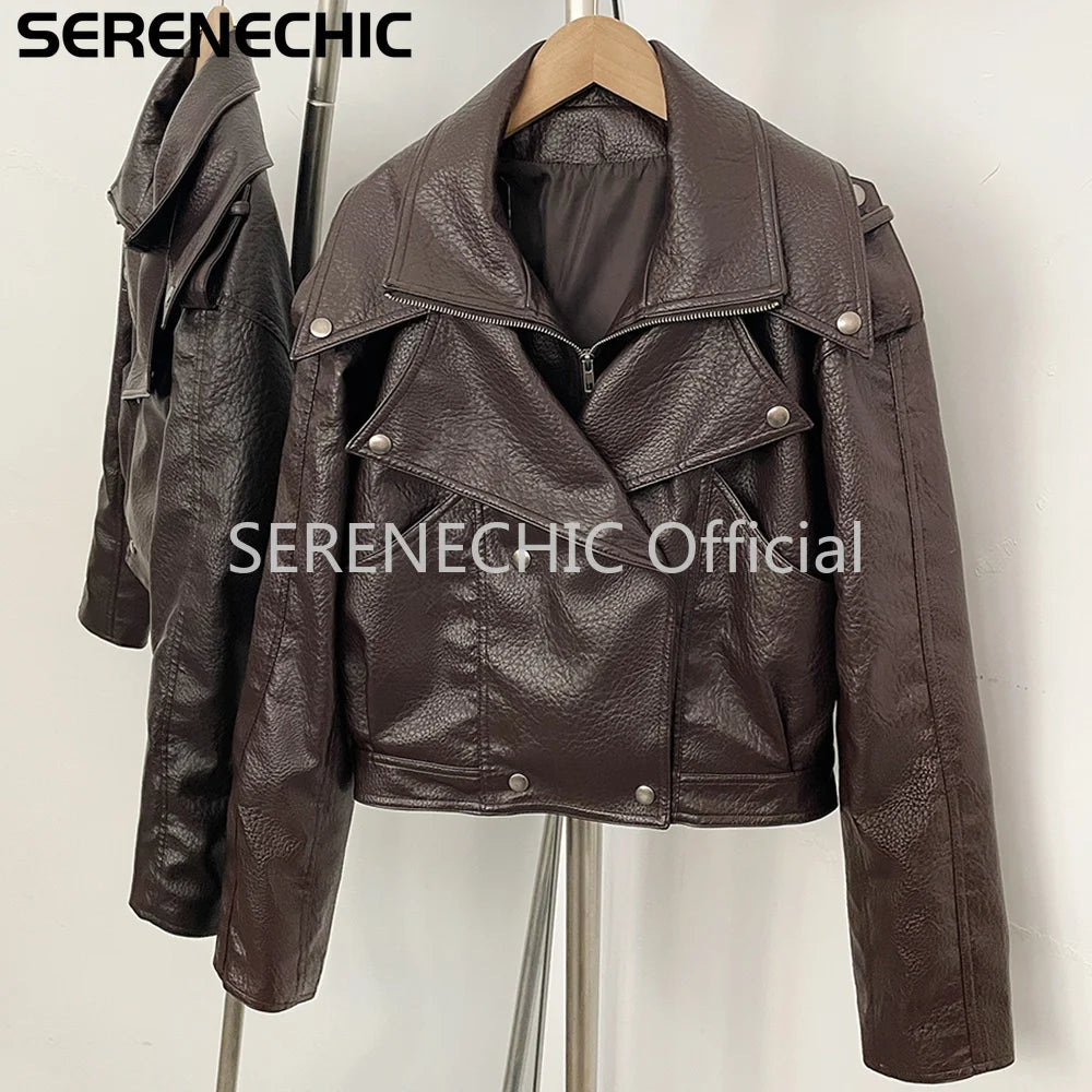 SERENECHIC Women's Black Faux Leather Cropped Moto Jacket Asymmetric Zip PU Biker Coat Female New Autumn Vintage Punk Outerwear