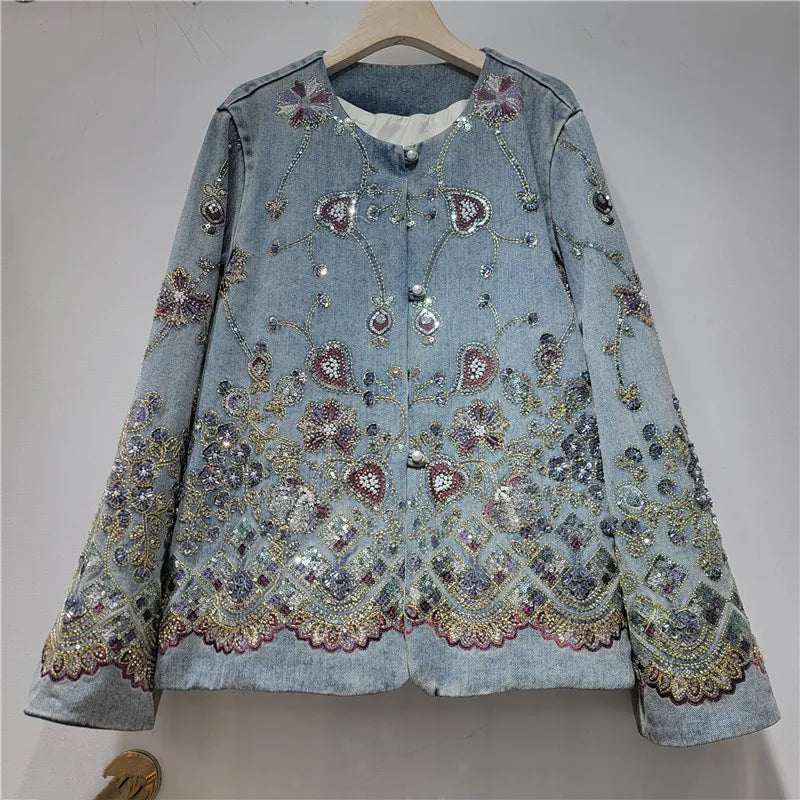 DEAT Women's Denim Coat Luxury Colorful Sequins O-neck Embroidery Single Breasted Jackets 2026 Autumn New Fashion 29A8728