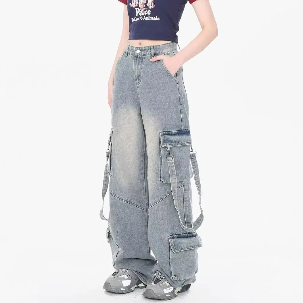 Cargo Straight Full Length Distressed Men Jean Spliced Loose Fit Washed Vintage Denim Pants High Waist Pockets Patchwork