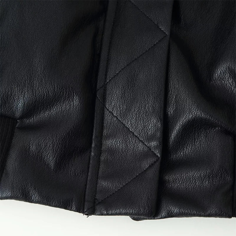  Women's Faux Leather Bomber Jacket Black Stand Collar Cropped Loose Vintage Outerwear 2026 Autumn Lady Street Chic Casual Coat