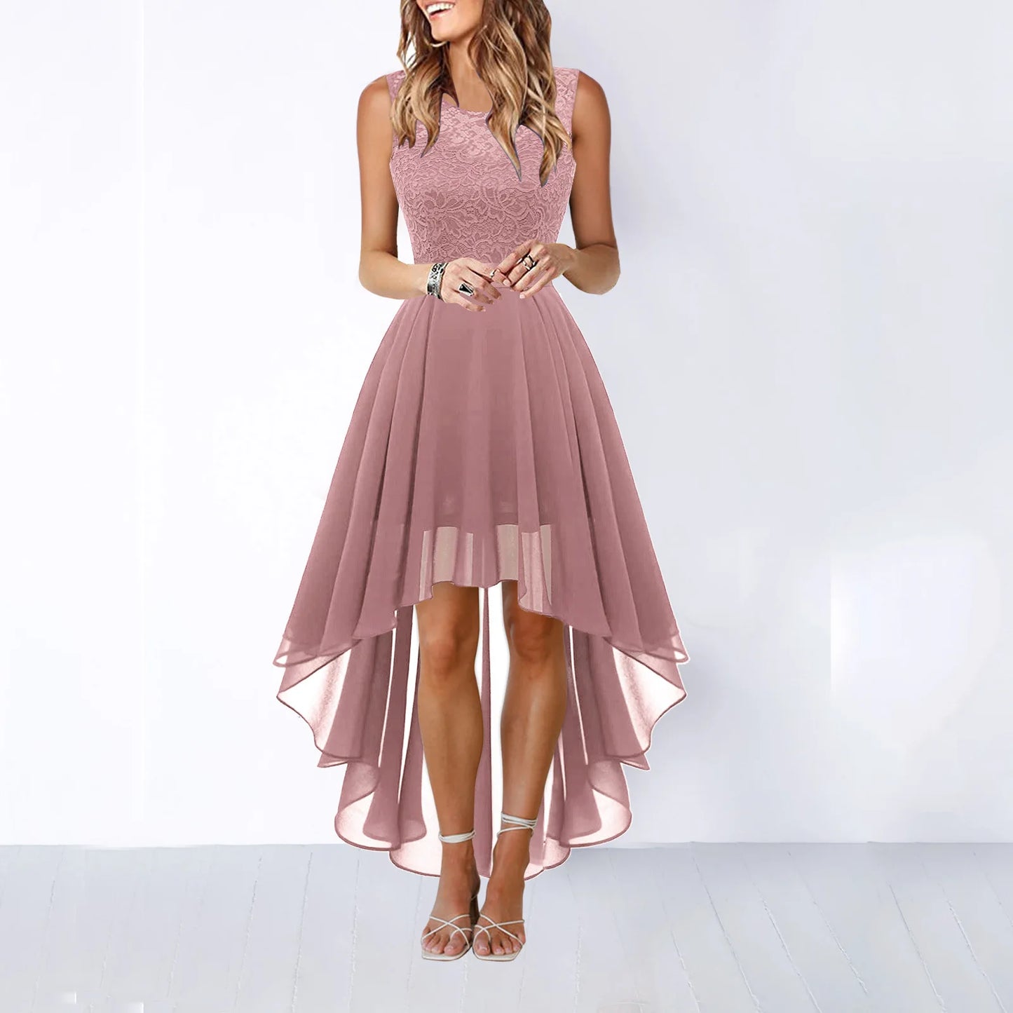 Sexy Lace Trim Chiffon Midi Dress Women's Party Dress Evening Dress Formal Dress Flared Hem Wedding Guest Dress Flowy A-line