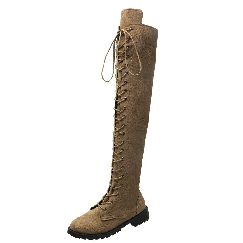 Side Zipper Lace-up Women's Long Botas Brown Black Suede Mid Heel Over-the-Knee Boots for Women Ladies Thigh High Boots Size 43