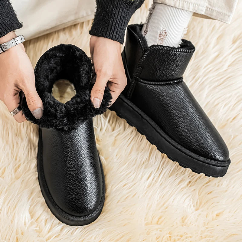 Couple Style Men's and Women's High-Top Leather Waterproof Snow Boots Plus Velvet Warm Boots and Cotton Shoes