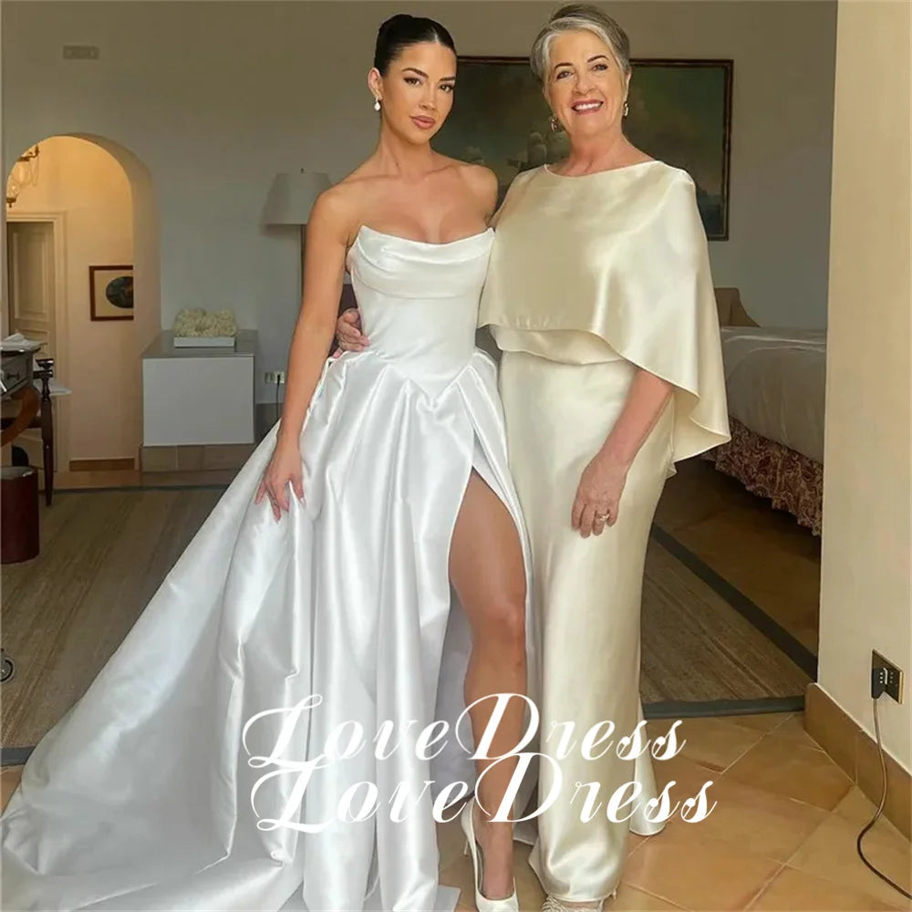 Customized Simple Stain Strapless Pleats A-Line High Side Slit Wedding Dress Pastoral Sleeveless Boat Neck Backless Lace Up 2026
