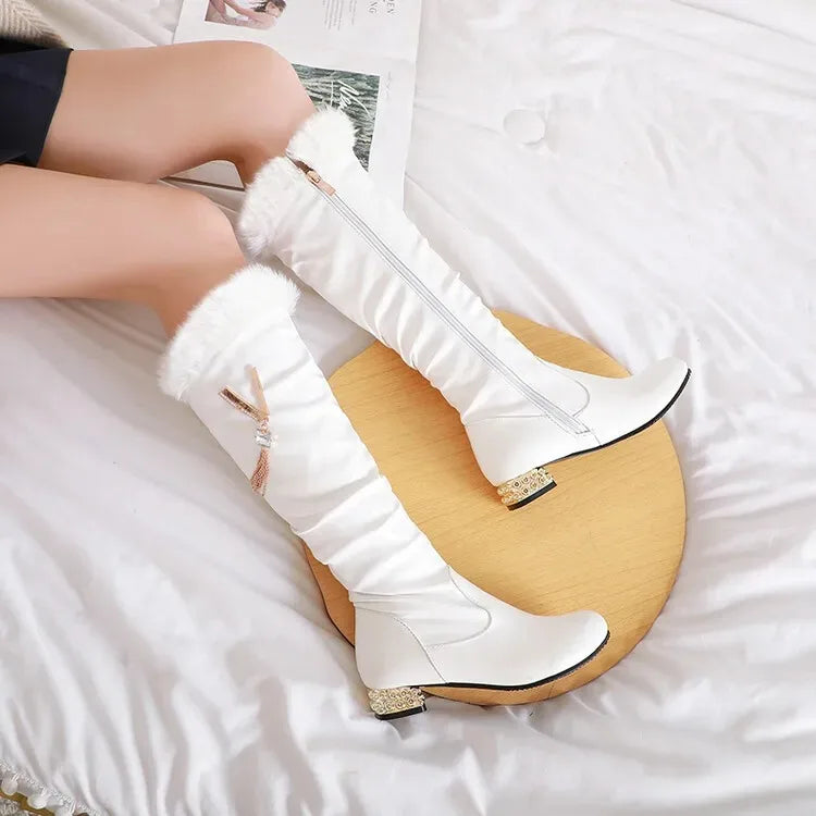Winter Warm Knee High Boots Women Platform Wedges High Heels Snow Boots Slip on Winter Ladies Shoes White Black Pink 2025
