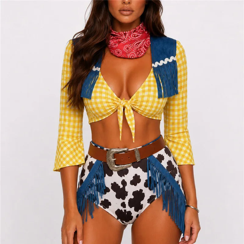 Halloween Women Cowgirl Cosplay Costume Retro Western Plaid Fringe Decor Crop Top Shorts With Bandana Belt Club Party Outfit