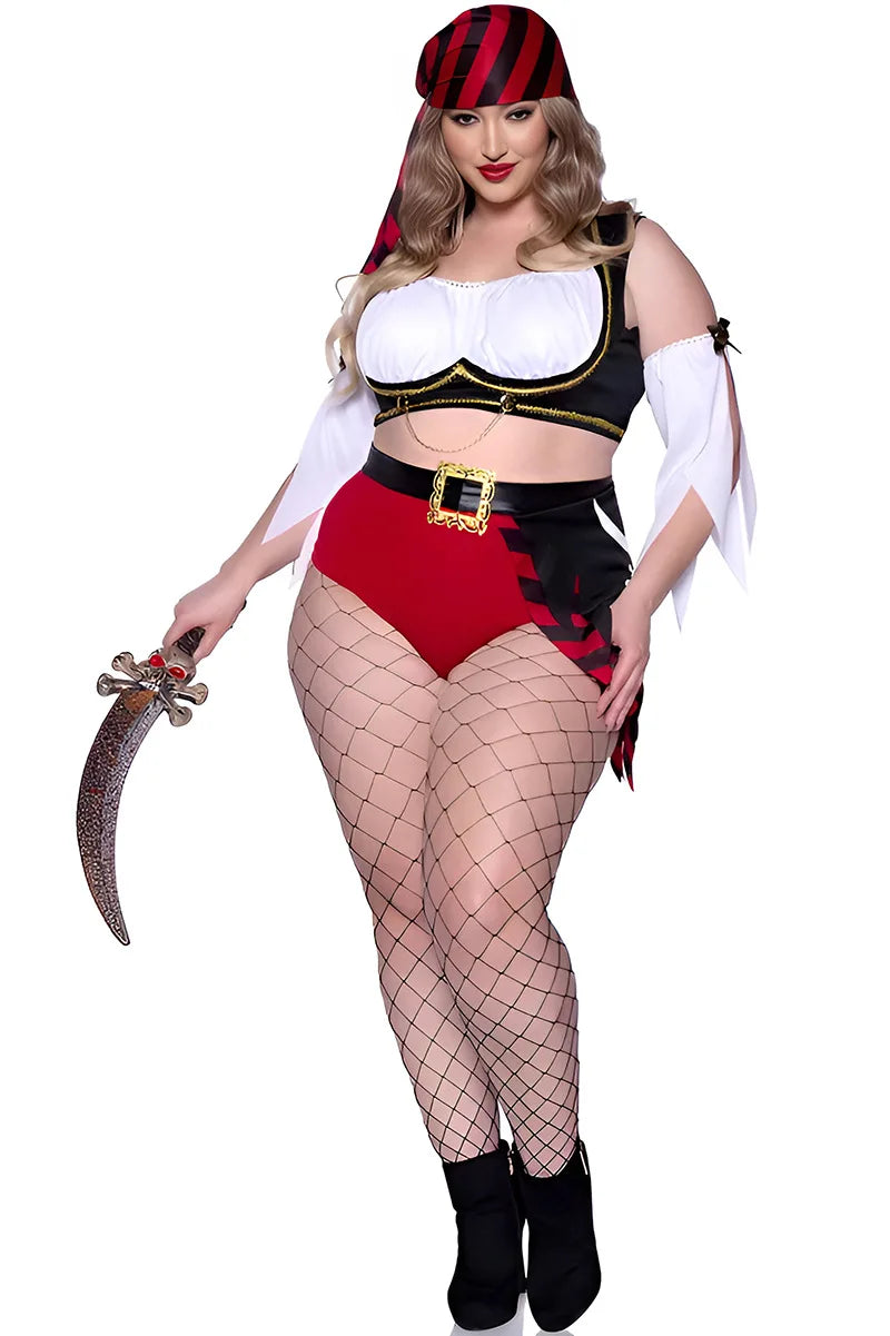 Plus Size Women Pirate Costume Full Set Crop Top Shorts Belt Headscarf Halloween Carnival Fancy Dress Female Buccaneer Cosplay