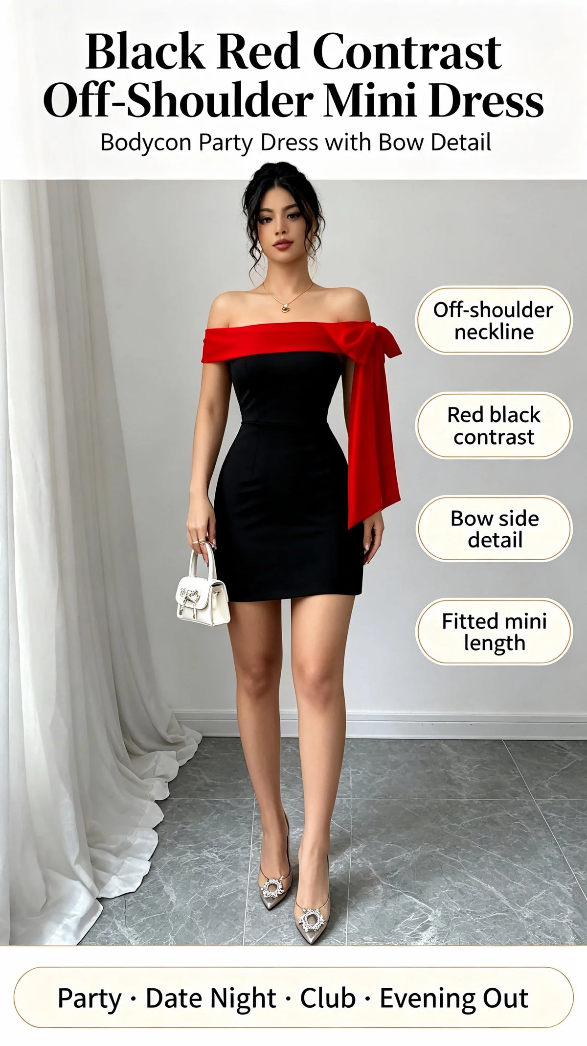 Women Off Shoulder Mini Dress Red Big Bow Spliced Bodycon Short Dresses Elegant Slim Fit Black Little Dress Night Club Party Birthday Outfits Evening Gown