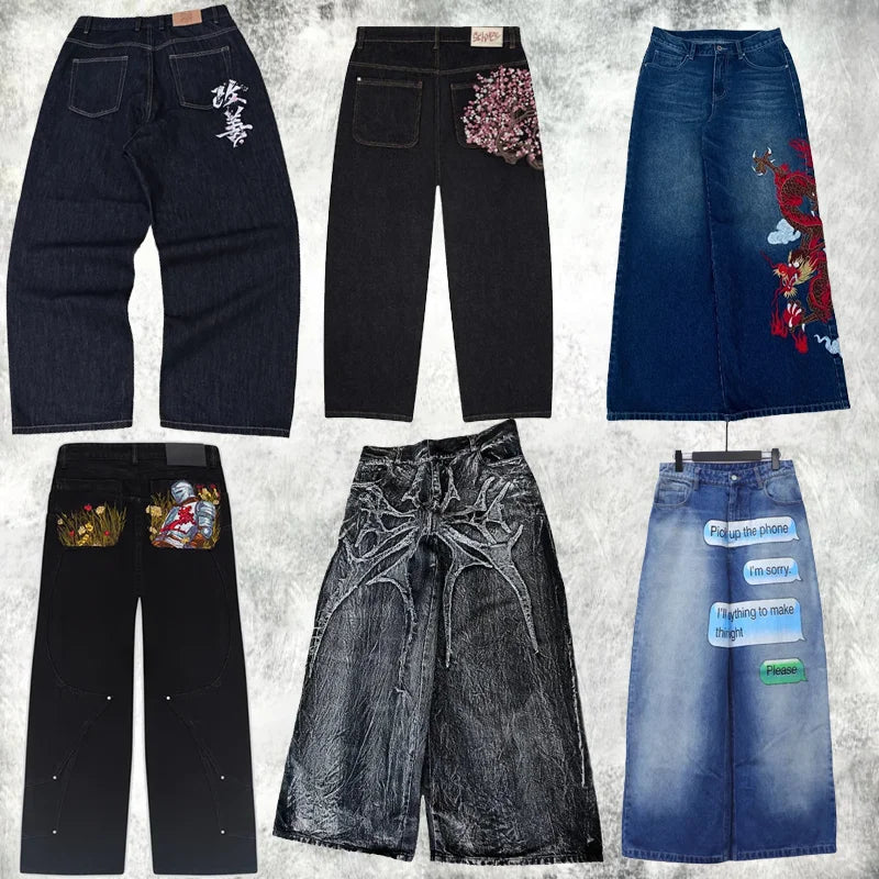 Y2K jeans high quality embroidery pattern wide leg pants Hiphop Harajuku men women denim fabric American style street wear Pants