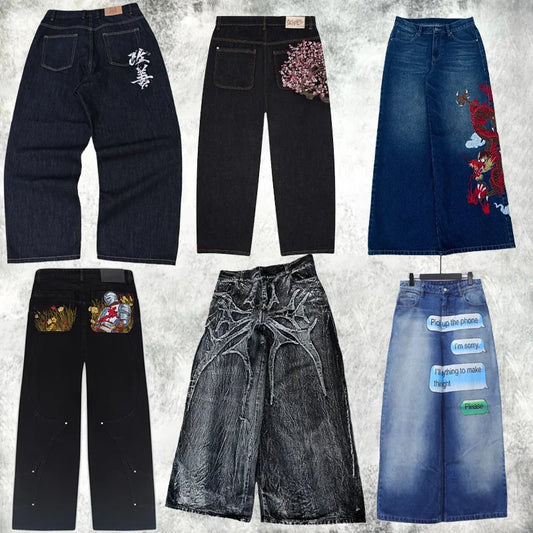 Y2K jeans high quality embroidery pattern wide leg pants Hiphop Harajuku men women denim fabric American style street wear Pants
