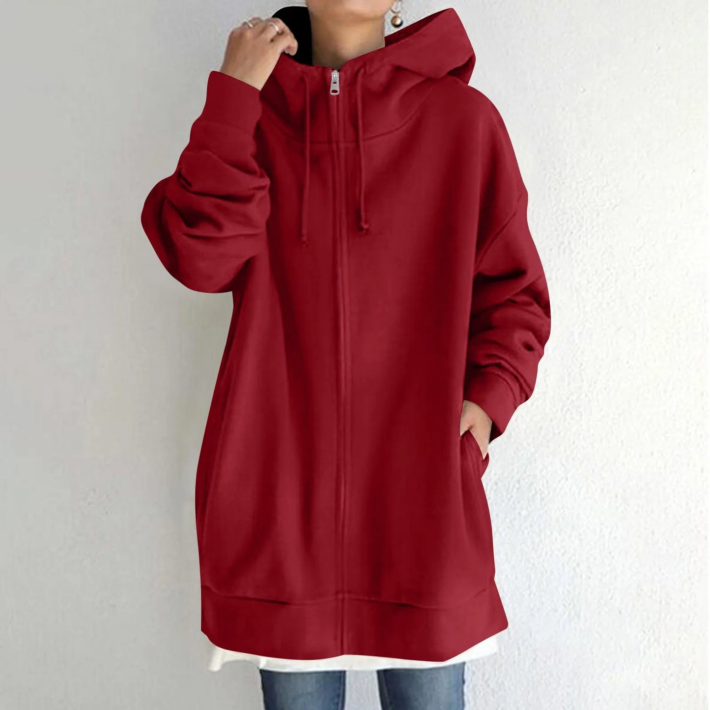 Plus Size Long Hoodies Tunic Fashion Long Sweatshirts Solid Color Fleece Knitted Zip Up Jackets With Pockets For Women