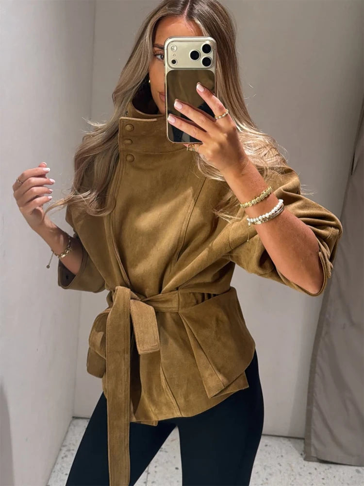 Women Brown Faux Suede Short Jacket Tie‑waist Long Sleeve Vintage Streetwear 2026 Lady New Autumn Winter Casual Outerwear Coat