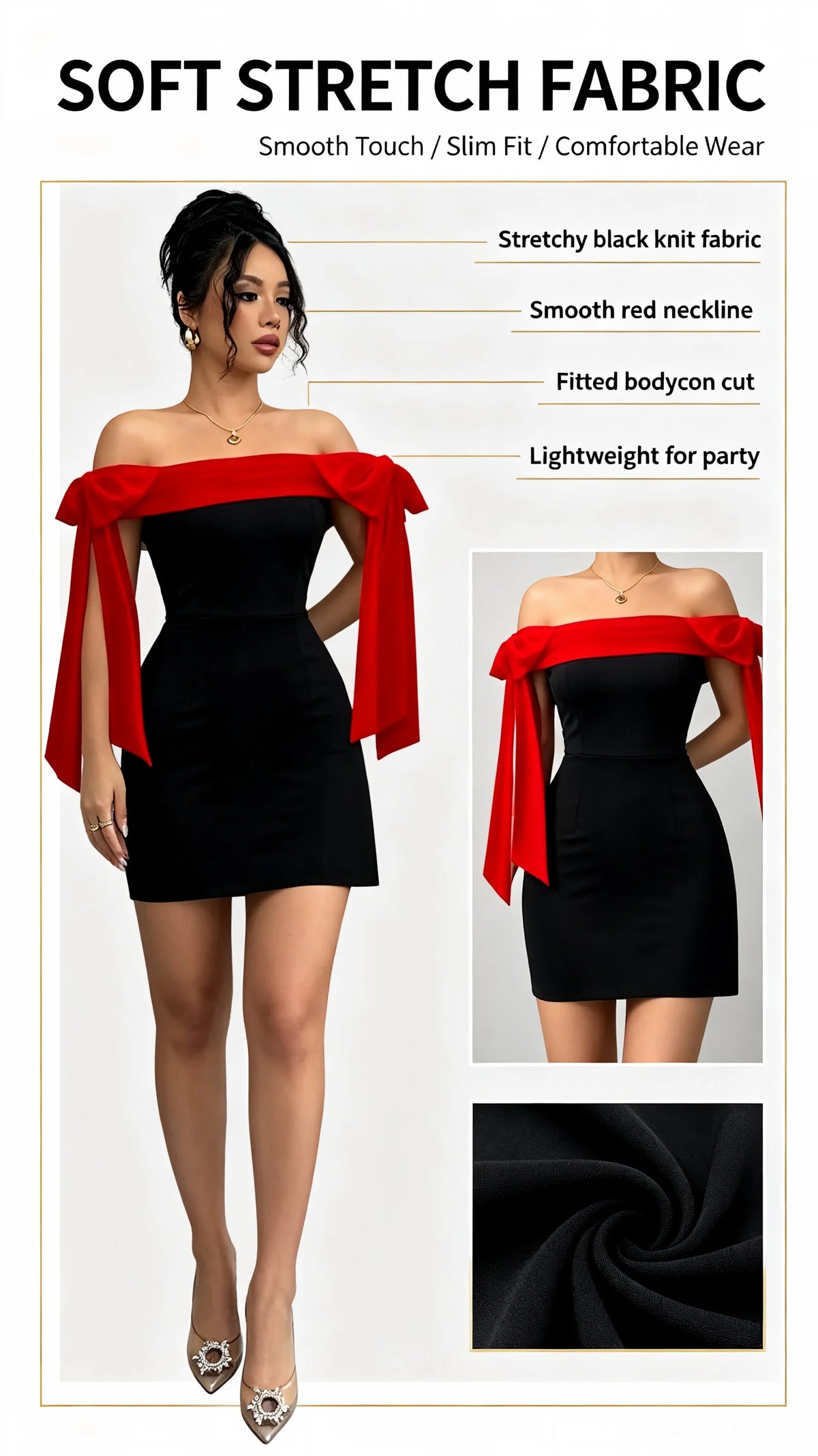 Women Off Shoulder Mini Dress Red Big Bow Spliced Bodycon Short Dresses Elegant Slim Fit Black Little Dress Night Club Party Birthday Outfits Evening Gown