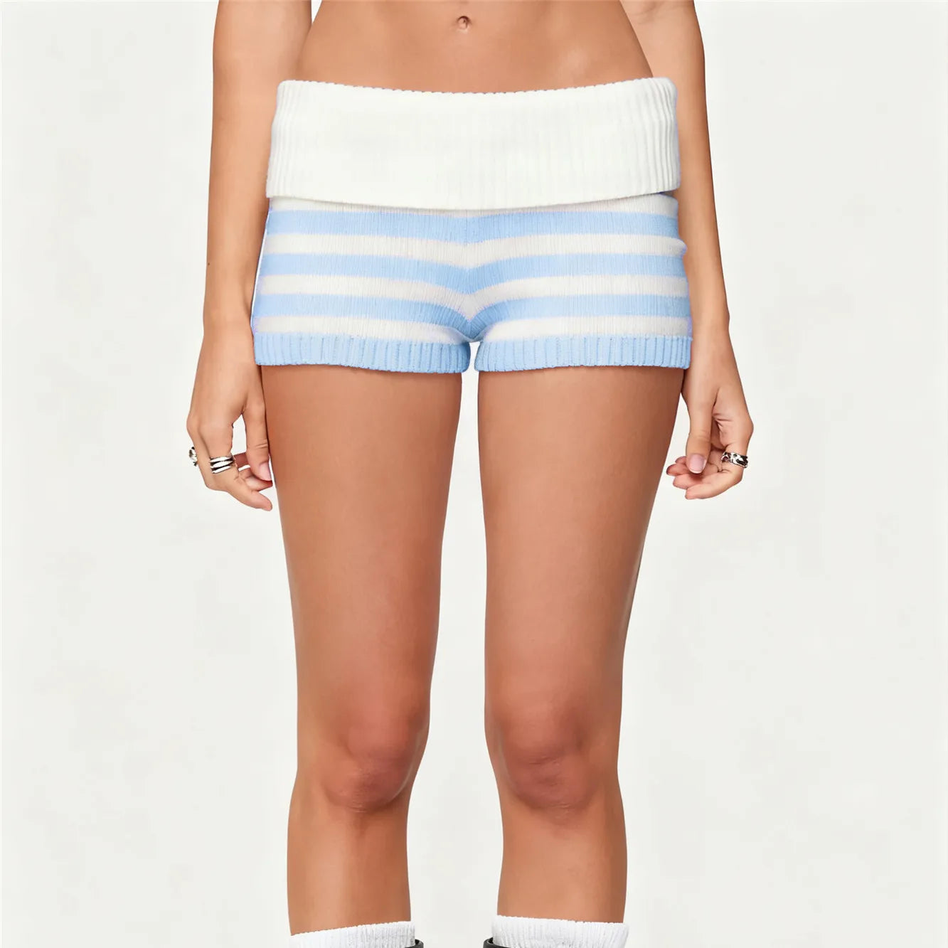 Women Striped Knit Micro Shorts Summer Fold Over Elastic Waist Slim Fit Mini Bottom Y2k Lounge Sweater Shorts Holiday Beachwear