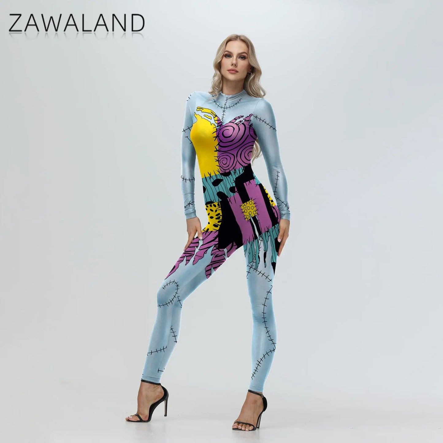 ZAWALAND Halloween Nightmare Sally Printed Cosplay Costume Girls Women Jumpsuit Christmas Cosplay Party Zenti Bodysuit Oufits