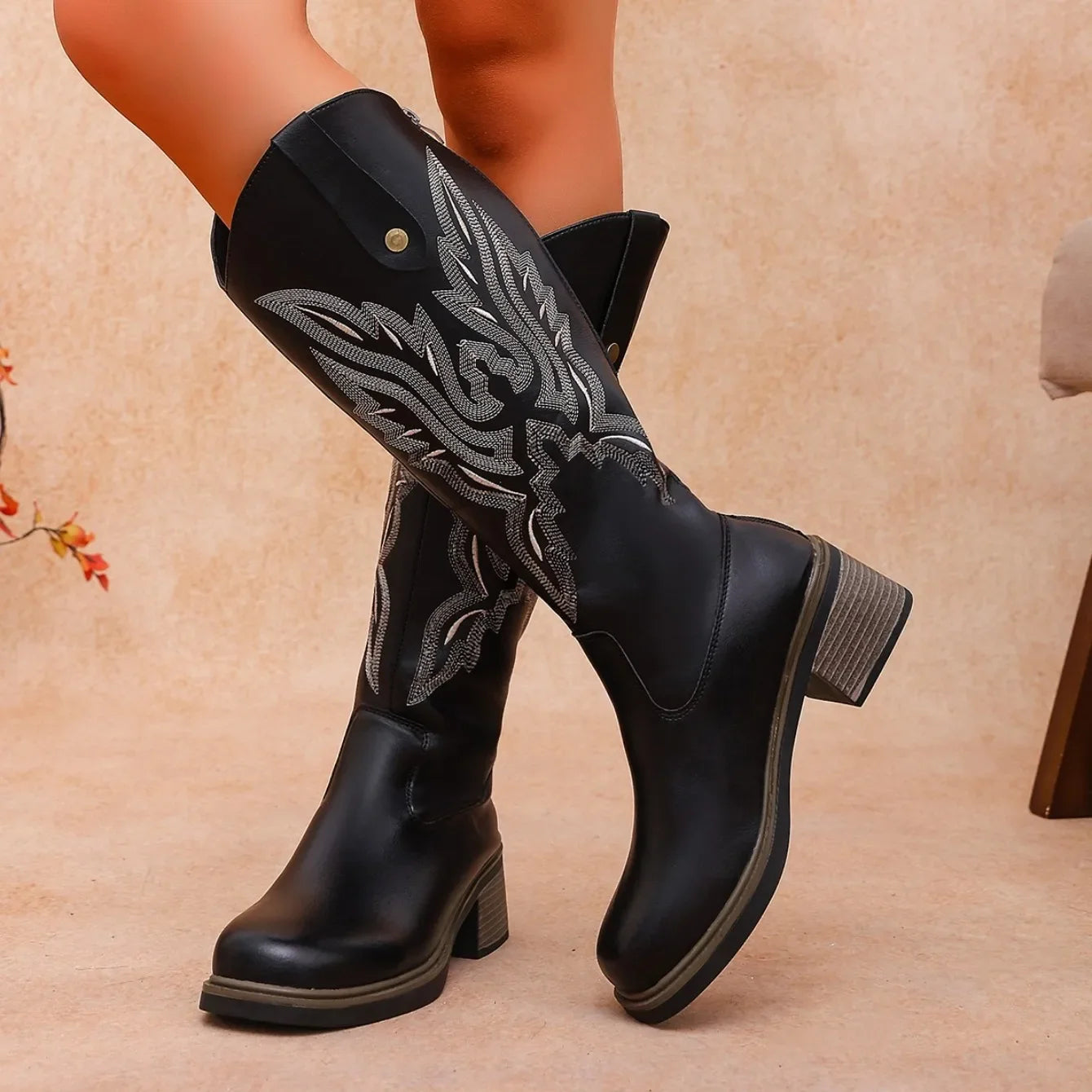 Retro Embroidery Knee‑high Western Cowboy Style Boots Women Chunky Heel Comfortable Spring Autumn Large Size Back Zip Daily Wear