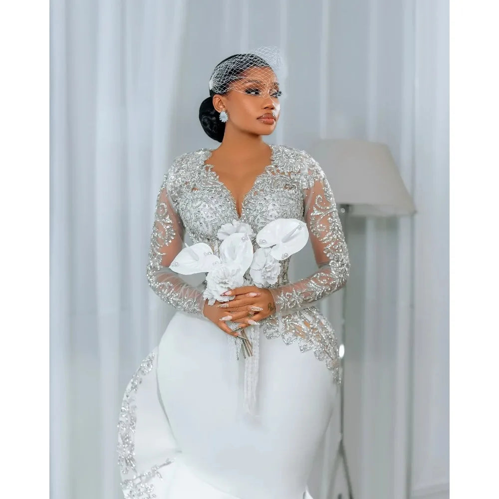 Elegant African Long Sleeve Short Wedding Dress Lace Beaded Mermaid Bridal Gown Black Women's Birthday Party Dress